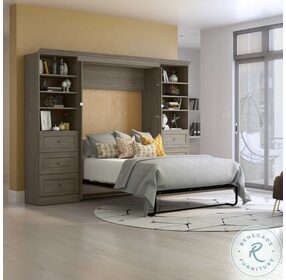 Versatile Walnut Grey 114" Full Murphy Bed With 2 Shelving And Drawer Units