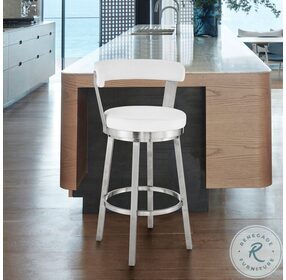 Kobe White Faux Leather And Brushed Stainless Steel Swivel 30" Bar Stool