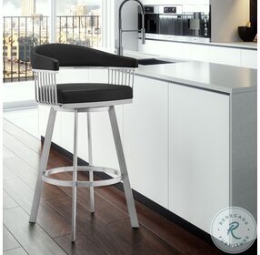 Bronson Black Faux Leather And Brushed Stainless Steel Swivel 26" Counter Height Stool