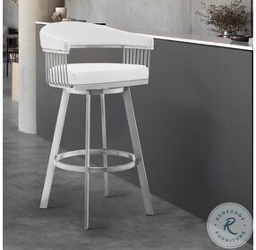 Bronson White Faux Leather And Brushed Stainless Steel Swivel 30" Bar Stool