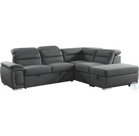 Platina Gray 3 Piece Pull Out Bed RAF Sectional With Storage Ottoman And Adjustable Headrests