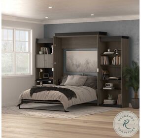 Orion Bark Grey And Graphite 124" Queen Murphy Bed With Shelving And Fold Out Desk