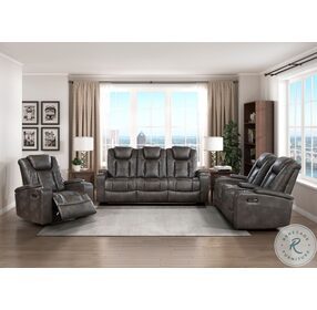 Tabor Brownish Gray Double Power Reclining Sofa With Power Headrest And Center Drop Down Cup Holders