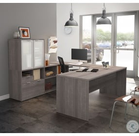 I3 Plus Bark Gray U Desk with Frosted Glass Door Hutch