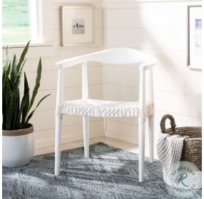 Juneau White Mindi Wood And White Leather Woven Accent Chair