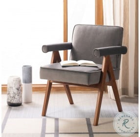 Suri Dark Gray Velvet And Walnut Mid Century Arm Chair