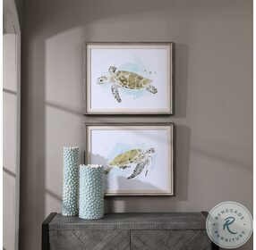 Sea Turtle Aqua Blue Study Watercolor Prints Wall Art Set Of 2