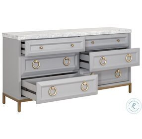 Azure Carrera Dove Gray And White Marble 6 Drawer Double Dresser