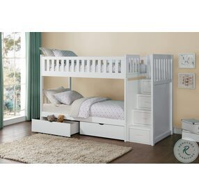 Galen White Twin Over Twin Step Bunk Bed with Storage Boxes