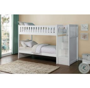 Galen White Twin Over Twin Bunk Bed with Storage Staircase