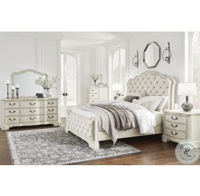Arlendyne Antiqued White Painted Queen Upholstered Panel Bed