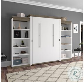 Orion White And Walnut Grey 124" Queen Murphy Bed With 2 Shelving Units