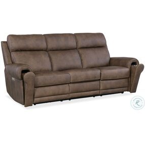 Duncan Dark Brown Leather Power Reclining Sofa with Power Headrest And Lumbar