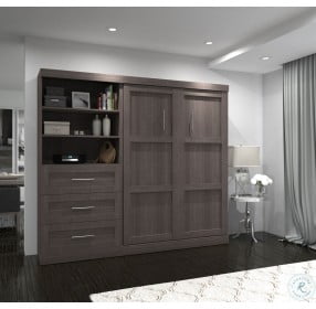 Pur Bark Grey 95" Full Murphy Bed and Shelving Unit with Drawers