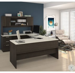 Ridgeley Dark Chocolate and White Chocolate U Shaped Desk with Lateral File and Bookcase