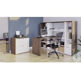 Gemma Walnut Grey And White 3 Piece L Shaped Desk With Bookcase And Lateral File Cabinet