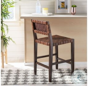 Paxton Cognac And Walnut Woven Leather Counter Height Stool