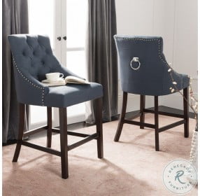 Eleni Navy Linen And Espresso Leg Tufted Wing Back Counter Height Stool Set Of 2