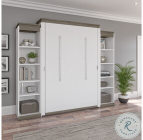 Orion White And Walnut Grey 104" Queen Murphy Bed With 2 Narrow Shelving Units