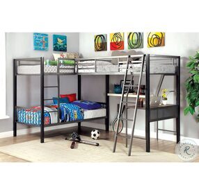 Ballarat Gray And Silver L Shaped Triple Twin Bunk Bed with Desk
