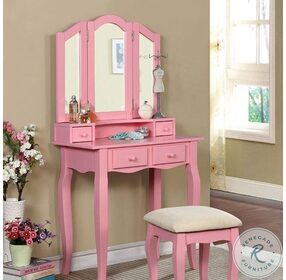 Janelle Pink Vanity with Mirror And Stool