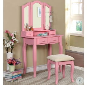 Janelle Pink Vanity with Mirror and Stool