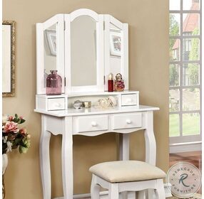 Janelle White Vanity with Mirror And Stool