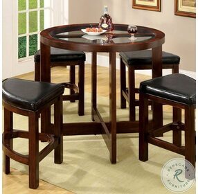 Crystal Cove Dark Walnut 5 Piece Glass-Insert Round Counter Height Dining Table Set