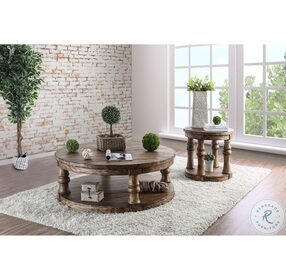 Mika Antique Oak Round Upholstered Coffee Table