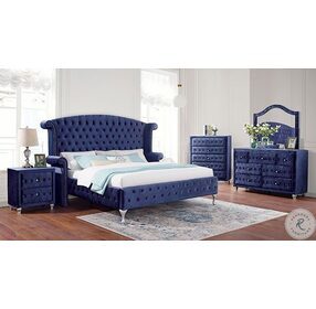 Alzir Blue Upholstered Wingback King Platform Bed