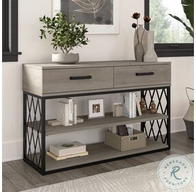 City Park Driftwood Gray Console Table with Drawers and Shelves