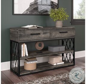 City Park Dark Gray Hickory Console Table with Drawers and Shelves