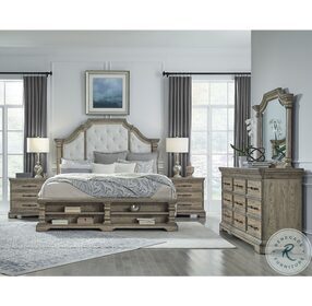 Garrison Cove Honey And Gray Queen Upholstered Panel Storage Bed