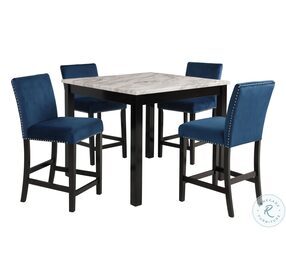 Celeste Espresso 5 Piece Marble 42" Counter Height Dining Set With Blue Chairs