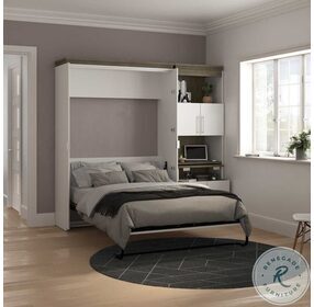 Orion White And Walnut Grey 89" Full Murphy Bed And Shelving Unit With Fold Out Desk