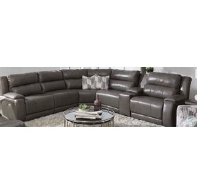 Sure Thing Gunmetal Leather Large Reclining Sectional with Power Headrest