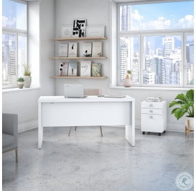 Echo Pure White Credenza Desk with Mobile File Cabinet