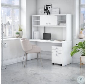 Echo Pure White Credenza Desk with Hutch and Mobile File Cabinet