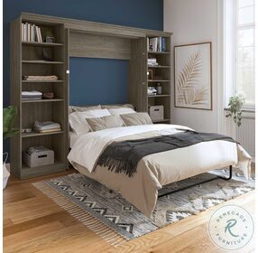 Versatile Walnut Grey 109" Full Murphy Bed With Two Shelving Unit