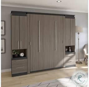 Orion Bark Gray And Graphite 98" Full Murphy Bed And 2 Storage Cabinets With Pull Out Shelves