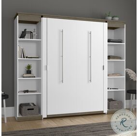 Orion White And Walnut Grey 98" Full Murphy Bed With 2 Narrow Shelving Units