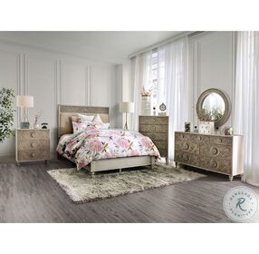 Jakarta Antique White And Beige Upholstered California King Panel Bed