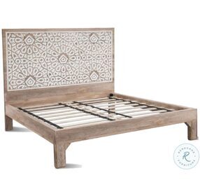 Haveli Natural White Geometric Carved Queen Platform Bed