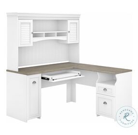 Fairview Pure White and Shiplap Gray 60" L Shaped Home Office Set with Hutch