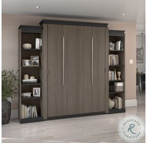 Orion Bark Gray And Graphite 104" Queen Murphy Bed With 2 Narrow Shelving Units