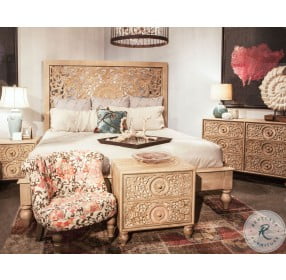 Haveli Natural Geometric Carved King Panel Bed