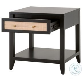 Holland Brushed Black Acacia And Natural Rattan 1 Drawer Side Table