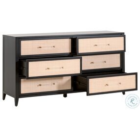 Holland Brushed Black Acacia And Natural Rattan 6 Drawer Double Dresser