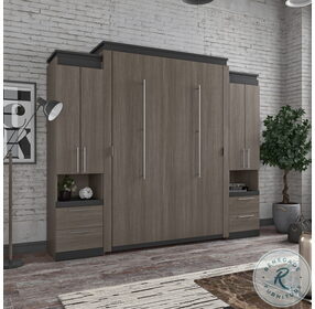 Orion Bark Gray And Graphite 104" Queen Murphy Bed And 2 Storage Cabinets With Pull Out Shelves