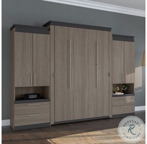 Orion Bark Gray And Graphite 124" Queen Murphy Bed And 2 Storage Cabinets With Pull Out Shelves